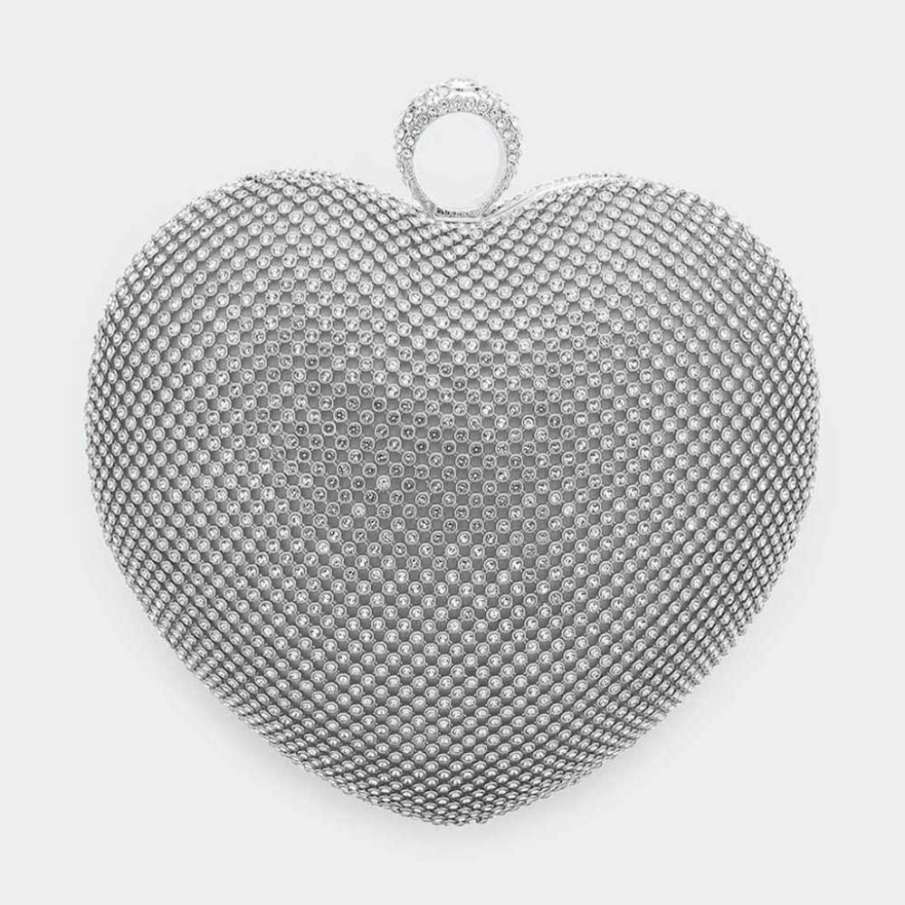Silver Crystal Rhinestone Heart CrossBody Purse Cute Bling Clutch Fashion Bag